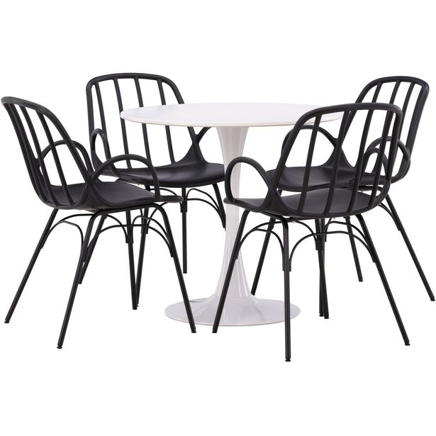 Pyöreä ruokailuryhmä Venture Home, Ø80cm, valkoinen Hamden-pöytä + 4 Dyrön-tuolia