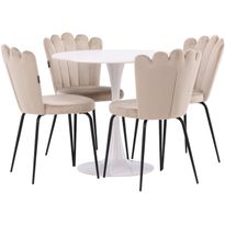 Pyöreä ruokailuryhmä Venture Home, Ø80cm, valkoinen Hamden-pöytä + 4 beigeä Limhamn Light -tuolia, sametti