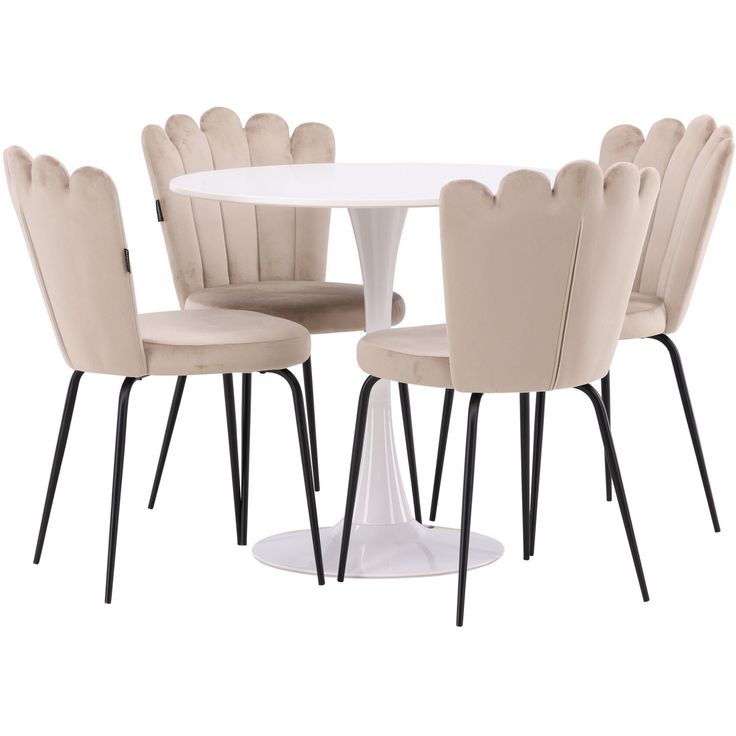 Pyöreä ruokailuryhmä Venture Home, Ø80cm, valkoinen Hamden-pöytä + 4 beigeä Limhamn Light -tuolia, sametti
