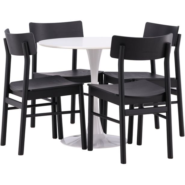 Pyöreä ruokailuryhmä Venture Home, Ø80cm, valkoinen Hamden-pöytä + 4 mustaa Montros-tuolia