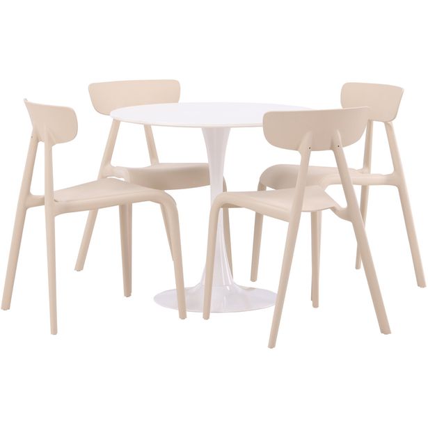Pyöreä ruokailuryhmä Venture Home, Ø80cm, valkoinen Hamden-pöytä + 4 Ursholmen-tuolia
