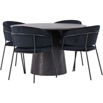 Ruokailuryhmä Venture Home, ⌀120cm Lanzo-pöytä + 4 mustaa Selma-tuolia, sametti