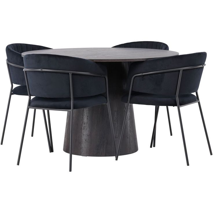 Ruokailuryhmä Venture Home, ⌀120cm Lanzo-pöytä + 4 mustaa Selma-tuolia, sametti