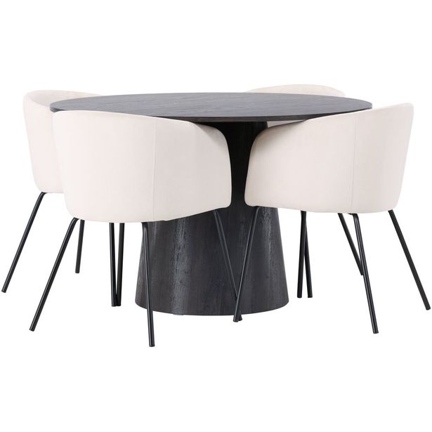 Ruokailuryhmä Venture Home, ⌀120cm Lanzo-pöytä + 4 beigeä Berit-tuolia, sametti