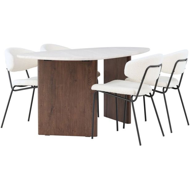 Ruokailuryhmä Venture Home, 180x90cm Grönvik-pöytä + 4 valkoista Chico-tuolia