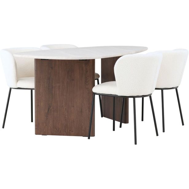 Ruokailuryhmä Venture Home, 180x90cm Grönvik-pöytä + 4 valkoista Edina-tuolia