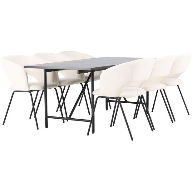 Ruokailuryhmä Venture Home, 200x90cm musta Astrid-pöytä + 6 valkoista Day-tuolia
