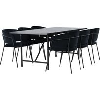 Ruokailuryhmä Venture Home, 200x90cm musta Astrid-pöytä + 6 mustaa Selma-tuolia, sametti