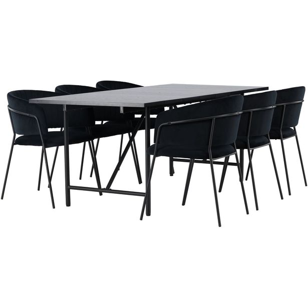 Ruokailuryhmä Venture Home, 200x90cm musta Astrid-pöytä + 6 mustaa Selma-tuolia, sametti