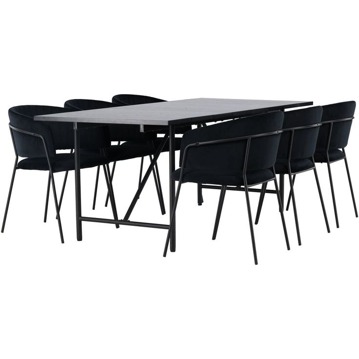Ruokailuryhmä Venture Home, 200x90cm musta Astrid-pöytä + 6 mustaa Selma-tuolia, sametti