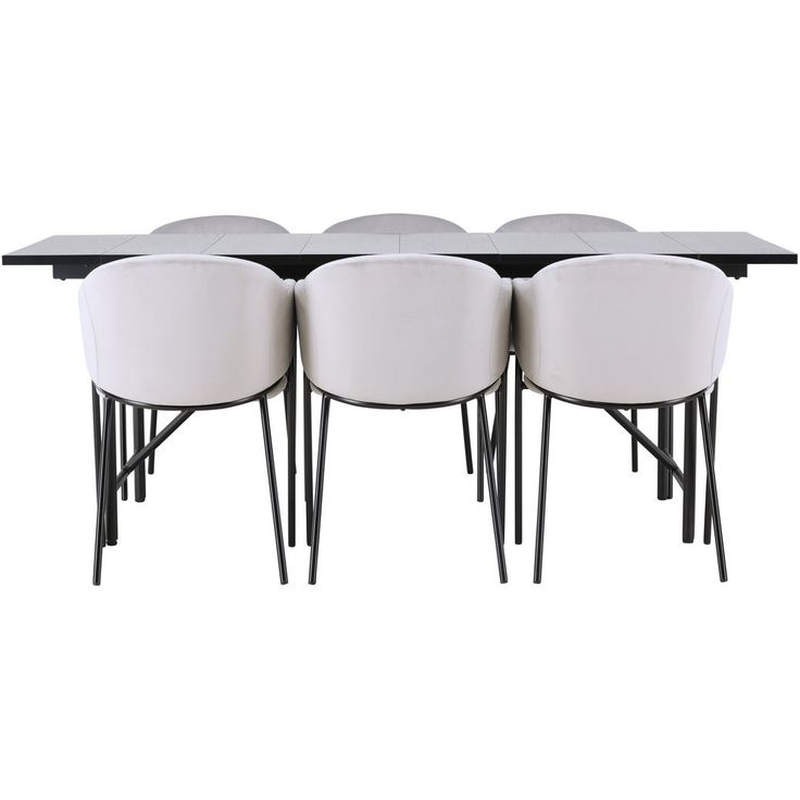 Ruokailuryhmä Venture Home, musta 200x90cm Astrid-ruokapöytä + 6 vaaleanharmaata Evelina-tuolia, sametti