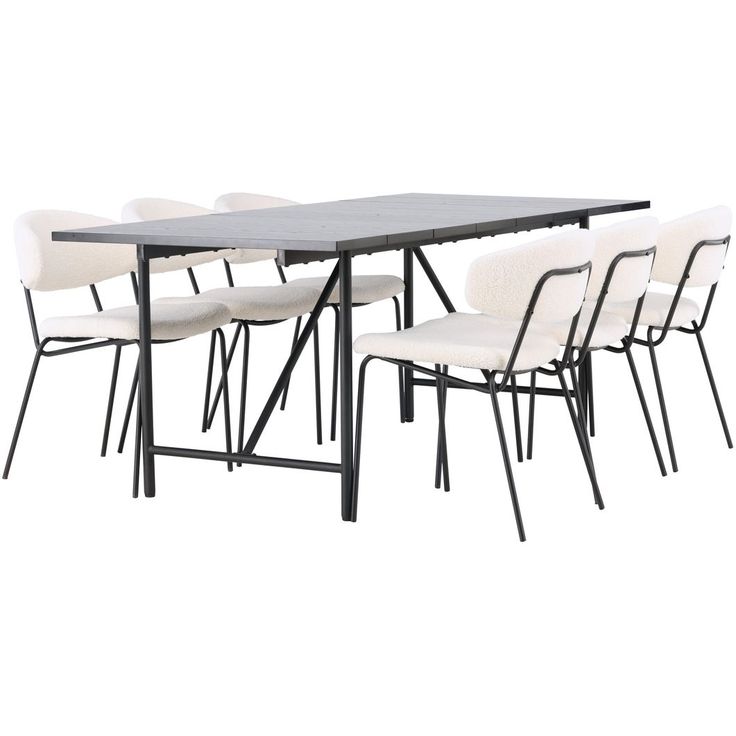 Ruokailuryhmä Venture Home, 200x90cm musta Astrid-pöytä + 6 valkoista Chico-tuolia, bouclé