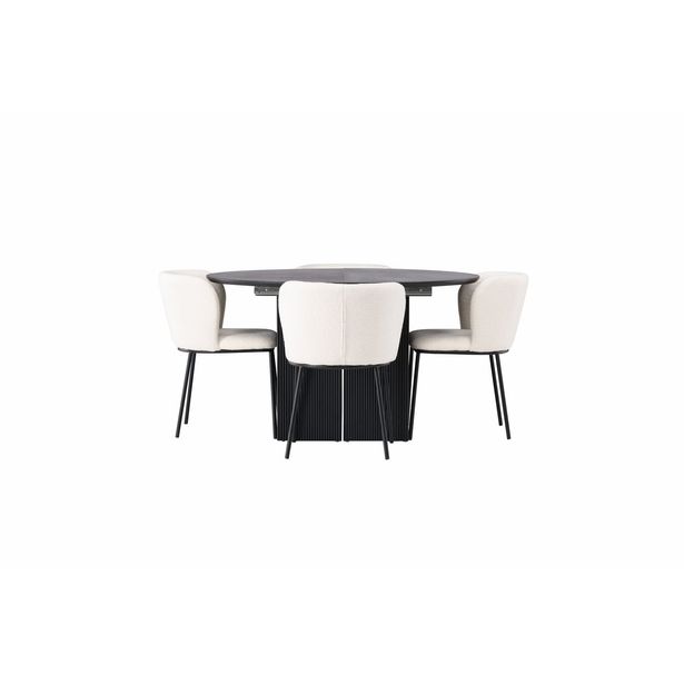 Ruokailuryhmä Venture Home, ⌀130cm, jatkettava Matilda-pöytä + 4 valkoista Edina-tuolia, bouclé
