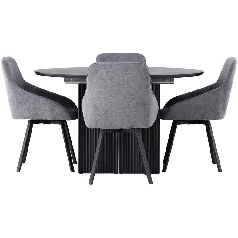 Ruokailuryhmä Venture Home, ⌀130cm, jatkettava Matilda-pöytä + 4 tummanharmaata Rosie-tuolia