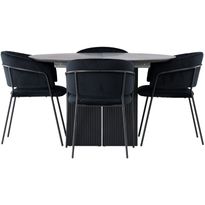 Ruokailuryhmä Venture Home, ⌀130cm, jatkettava Matilda-pöytä + 4 mustaa Selma-tuolia, sametti