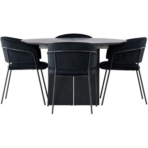 Ruokailuryhmä Venture Home, ⌀130cm, jatkettava Matilda-pöytä + 4 mustaa Selma-tuolia, sametti