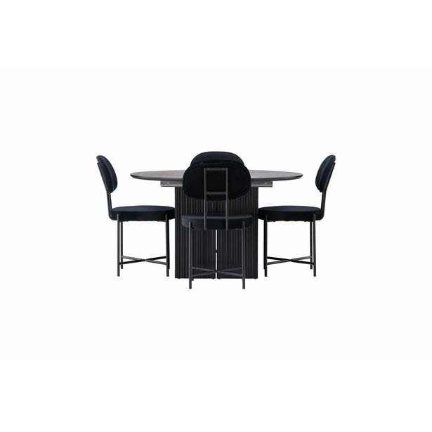 Ruokailuryhmä Venture Home, ⌀130cm, jatkettava Matilda-pöytä + 4 mustaa Stella-tuolia, sametti