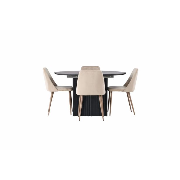 Ruokailuryhmä Venture Home, ⌀130cm, jatkettava Matilda-pöytä + 4 ruskeaa Night-tuolia