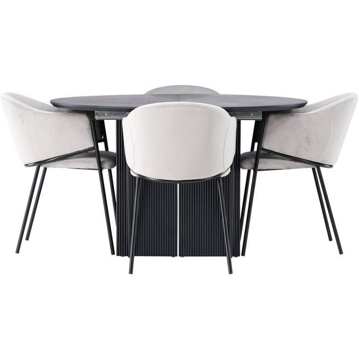 Ruokailuryhmä Venture Home, ⌀130cm, jatkettava Matilda-pöytä + 4 mustaa Evelina-tuolia, sametti
