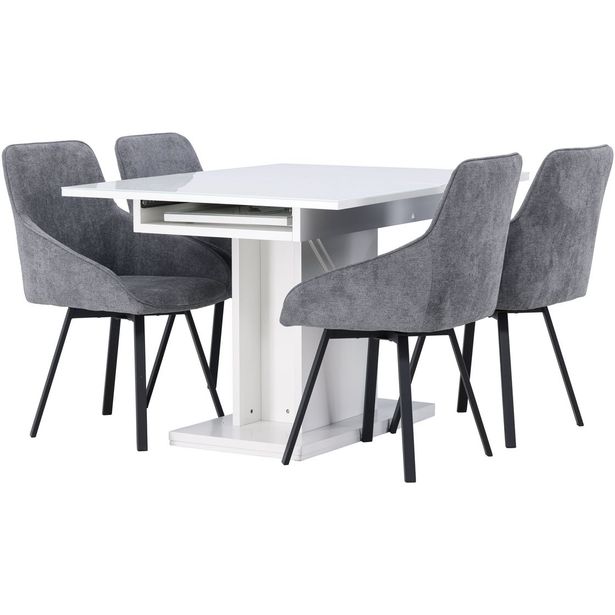 Ruokailuryhmä Venture Home, jatkettava valkoinen Pluto-pöytä + 4 tummanharmaata Rosie-tuolia