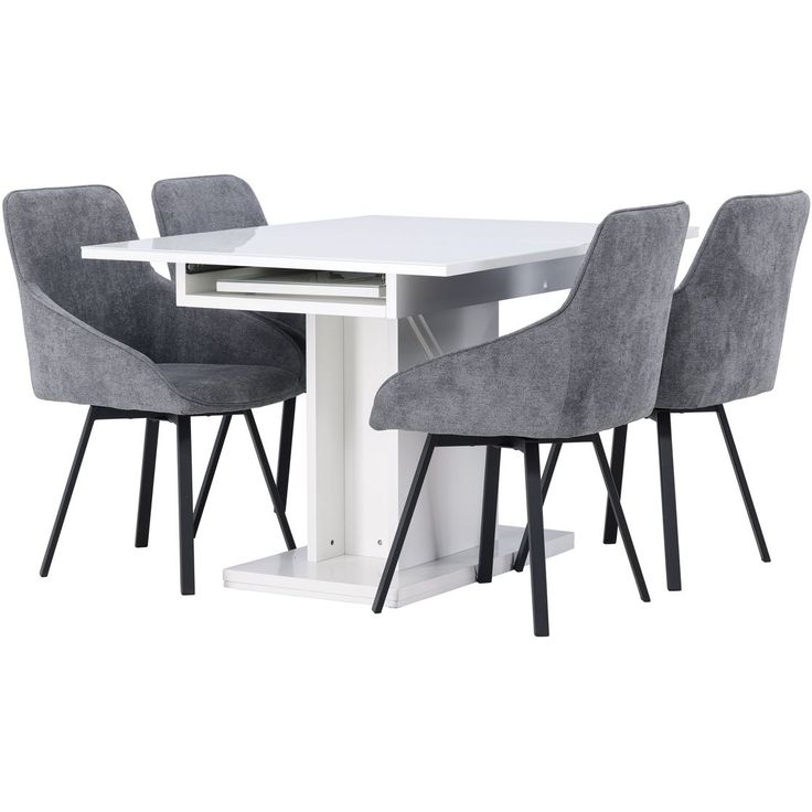 Ruokailuryhmä Venture Home, jatkettava valkoinen Pluto-pöytä + 4 tummanharmaata Rosie-tuolia