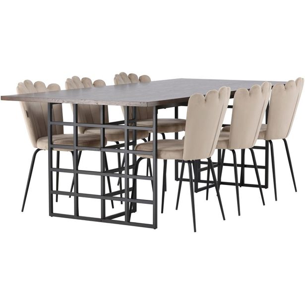 Ruokailuryhmä Venture Home, 220x100cm Ystad-pöytä + 6 beigeä Limhamn light -tuolia, sametti