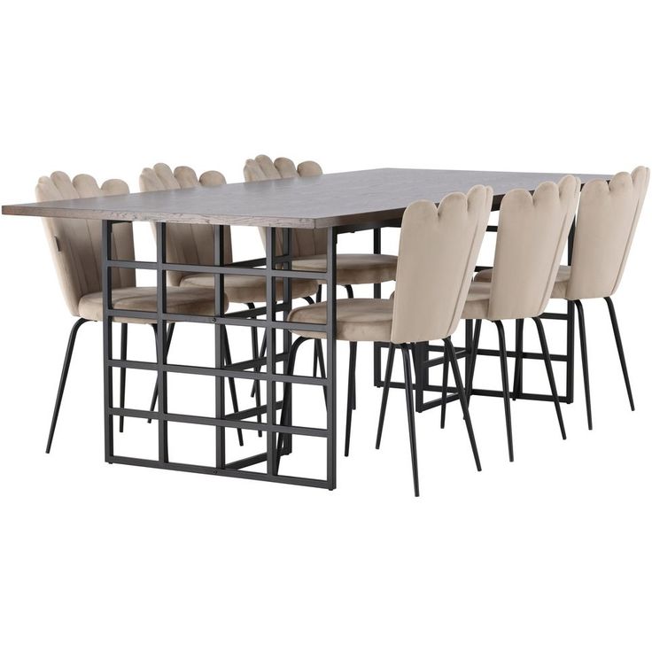 Ruokailuryhmä Venture Home, 220x100cm Ystad-pöytä + 6 beigeä Limhamn light -tuolia, sametti