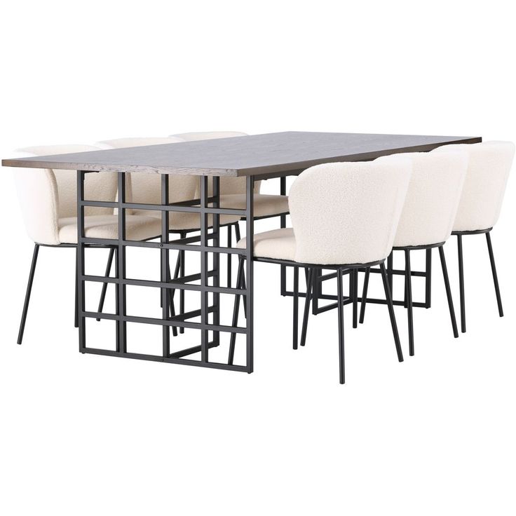Ruokailuryhmä Venture Home, 220x100cm ruskea Ystad -pöytä + 6 valkoista Edina-tuolia, bouclé