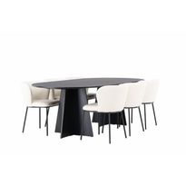 Ruokailuryhmä Venture Home, 230x115cm musta Bootcut Oval -pöytä + 6 valkoista Edina-tuolia, bouclé