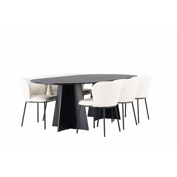 Ruokailuryhmä Venture Home, 230x115cm musta Bootcut Oval -pöytä + 6 valkoista Edina-tuolia, bouclé
