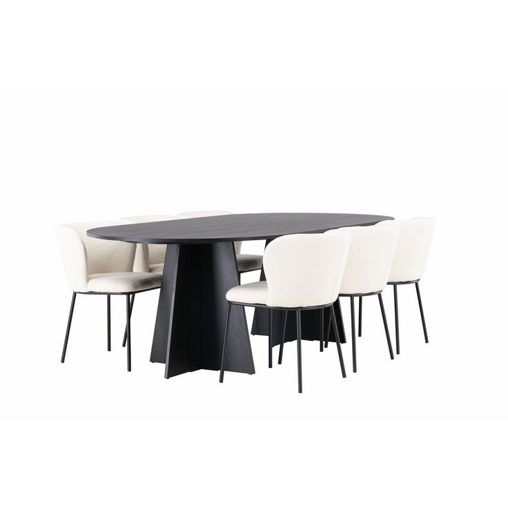 Ruokailuryhmä Venture Home, 230x115cm musta Bootcut Oval -pöytä + 6 valkoista Edina-tuolia, bouclé
