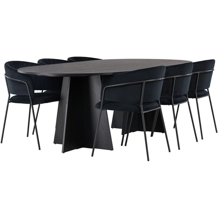 Ruokailuryhmä Venture Home, 230x115cm musta Bootcut Oval -pöytä + 6 mustaa Selma-tuolia, sametti