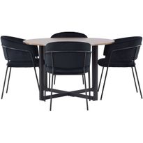 Ruokailuryhmä Venture Home, ⌀120cm Durango-pöytä + 4 mustaa Selma-tuolia, sametti
