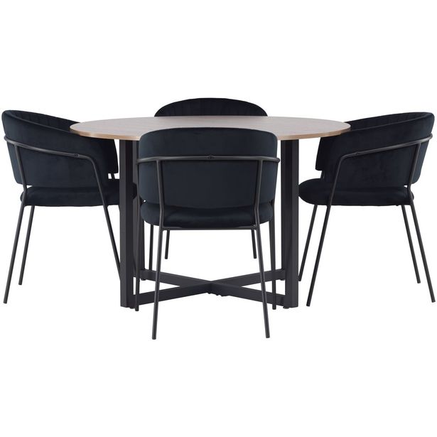 Ruokailuryhmä Venture Home, ⌀120cm Durango-pöytä + 4 mustaa Selma-tuolia, sametti