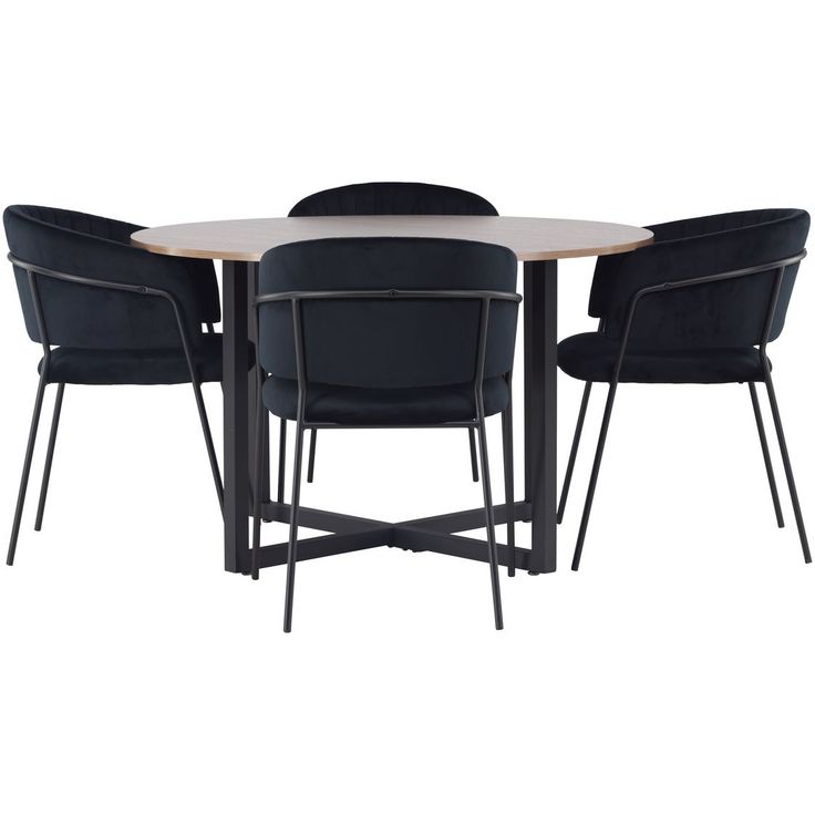 Ruokailuryhmä Venture Home, ⌀120cm Durango-pöytä + 4 mustaa Selma-tuolia, sametti