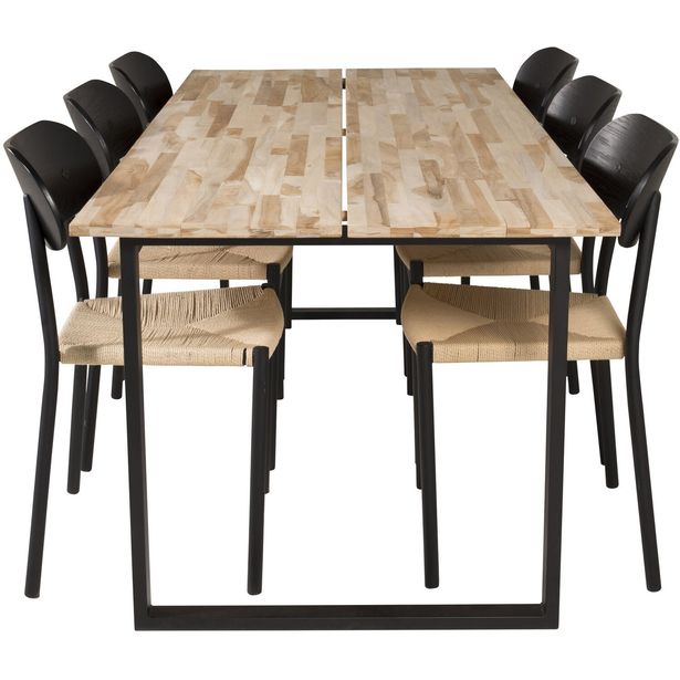 Ruokailuryhmä Venture Home, 200x90cm ruskea Polly-pöytä + 6 mustaa Cirebon-tuolia