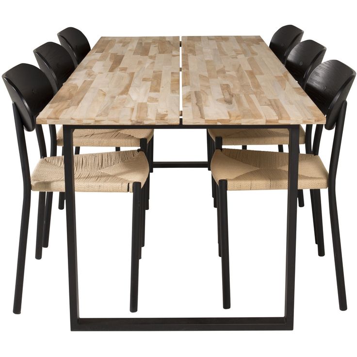 Ruokailuryhmä Venture Home, 200x90cm ruskea Polly-pöytä + 6 mustaa Cirebon-tuolia
