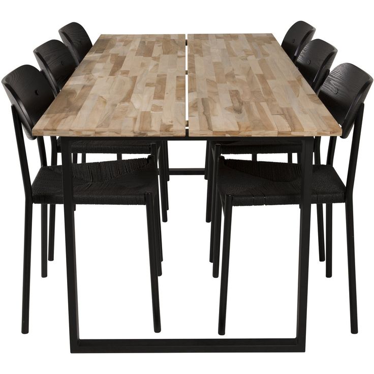 Ruokailuryhmä Venture Home, 200x90cm ruskea Polly-pöytä + 6 mustaa Cirebon-tuolia