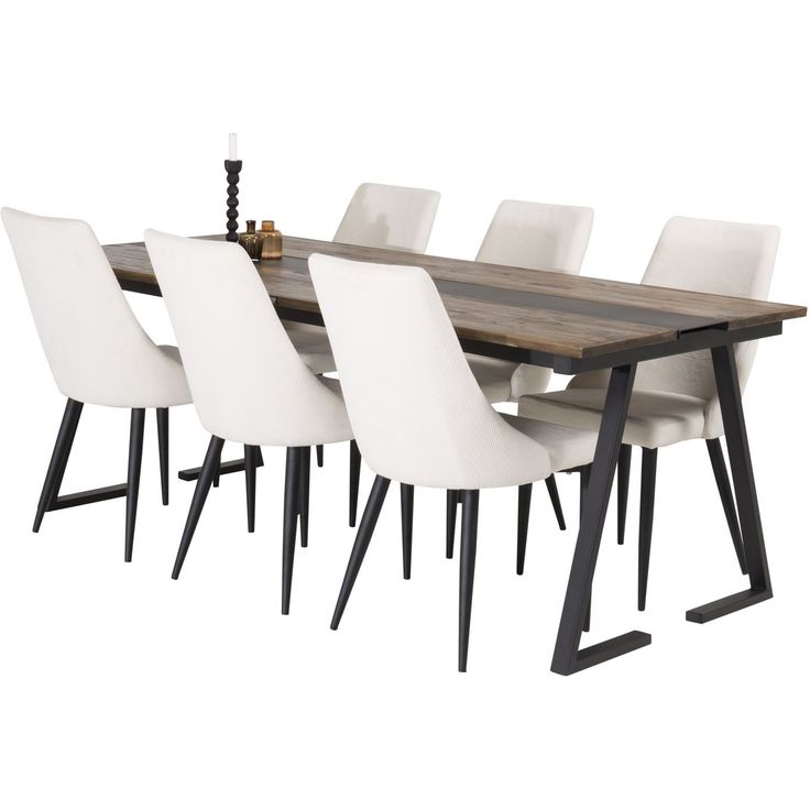 Ruokailuryhmä Venture Home, 200x90cm Jakarta-pöytä + 6 beigeä Leone-tuolia, vakosametti