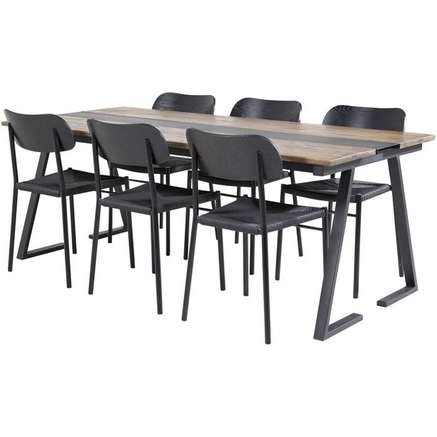Ruokailuryhmä Venture Home, 200x90cm Jakarta-pöytä + 6 mustaa Polly-tuolia