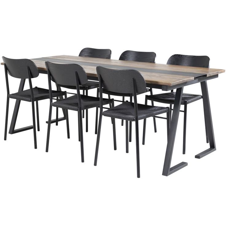 Ruokailuryhmä Venture Home, 200x90cm Jakarta-pöytä + 6 mustaa Polly-tuolia