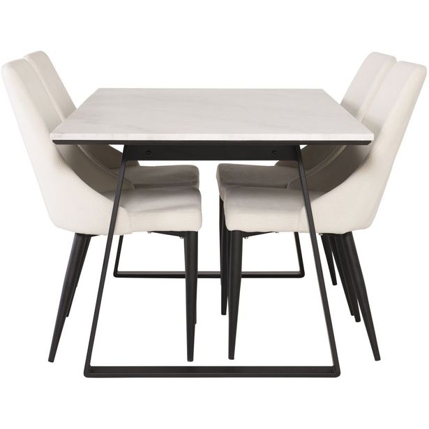 Ruokailuryhmä Venture Home, 140x90cm valkoinen Estelle-pöytä + 4 Leone-tuolia, vakosametti