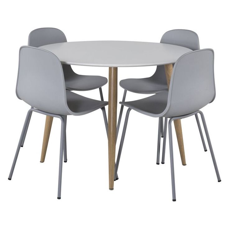 Ruokailuryhmä Venture Home, ⌀100cm valkoinen/vaaleanruskea Plaza-pöytä + 4 harmaata Arctic-tuolia