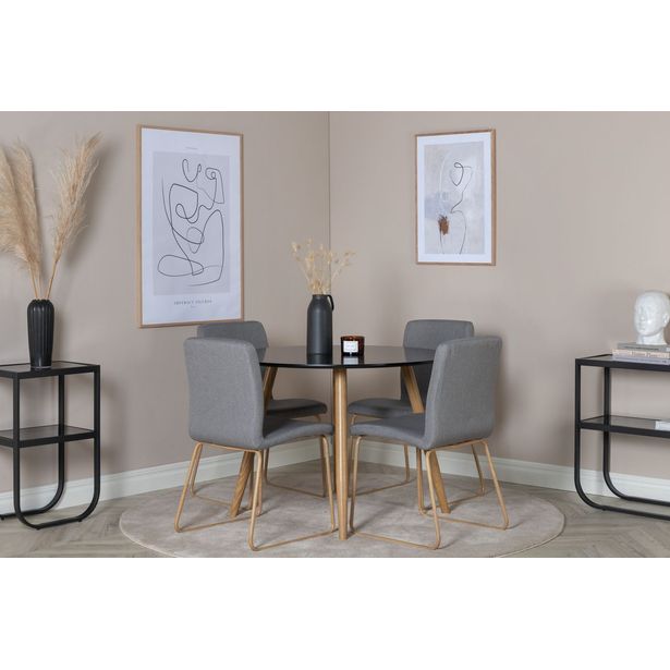 Ruokailuryhmä Venture Home, ⌀100cm musta/vaaleanruskea Plaza-pöytä + 4 harmaata Mace-tuolia