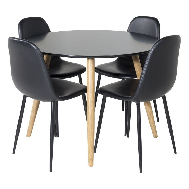 Ruokailuryhmä Venture Home, ⌀100cm Plaza-pöytä + 4 mustaa Polar PU -tuolia