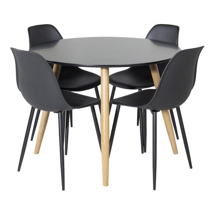 Ruokailuryhmä Venture Home, ⌀100cm musta/vaaleanruskea Plaza-pöytä + 4 mustaa Polar Plastic -tuolia