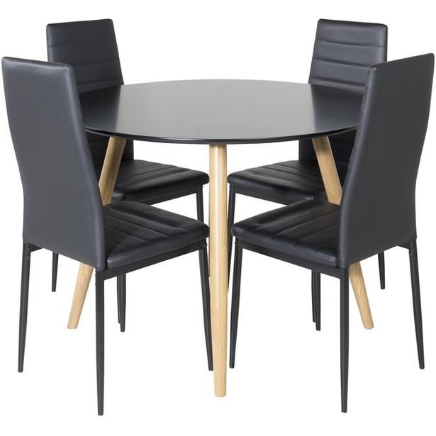 Ruokailuryhmä Venture Home, ⌀100cm Plaza-pöytä + 4 mustaa Slim-tuolia