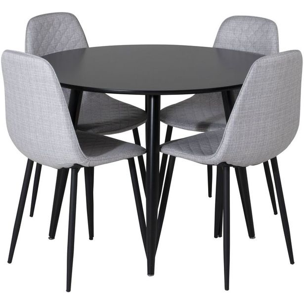 Ruokailuryhmä Venture Home, ⌀100cm musta Plaza-pöytä + 4 harmaata Polar Diamond -tuolia