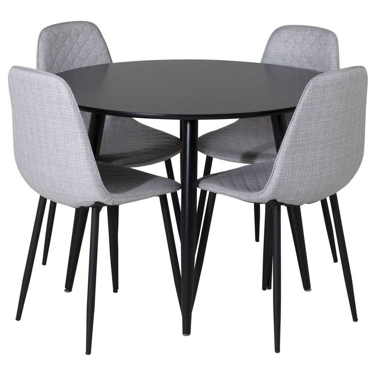 Ruokailuryhmä Venture Home, ⌀100cm musta Plaza-pöytä + 4 harmaata Polar Diamond -tuolia