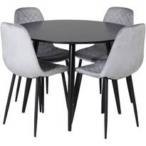 Ruokailuryhmä Venture Home, ⌀100cm musta Plaza-pöytä + 4 harmaata Polar Diamond Velvet -tuolia